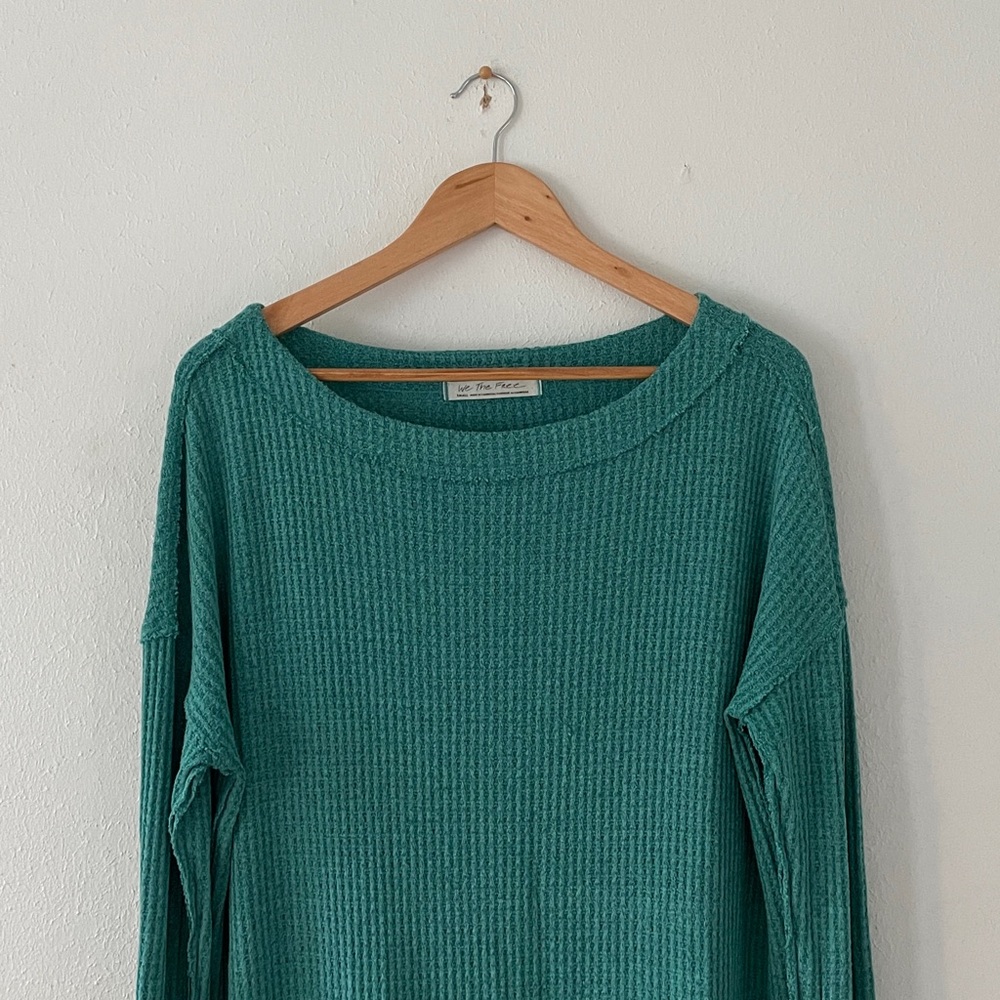 Free People North Shore Waffle Top Oversize Thermal Pullover Tunic Green Coastal